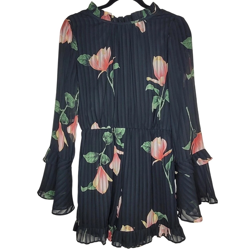 Lulus Talking Sweet Black Floral Print Long Sleeve Romper Open Slit Back S